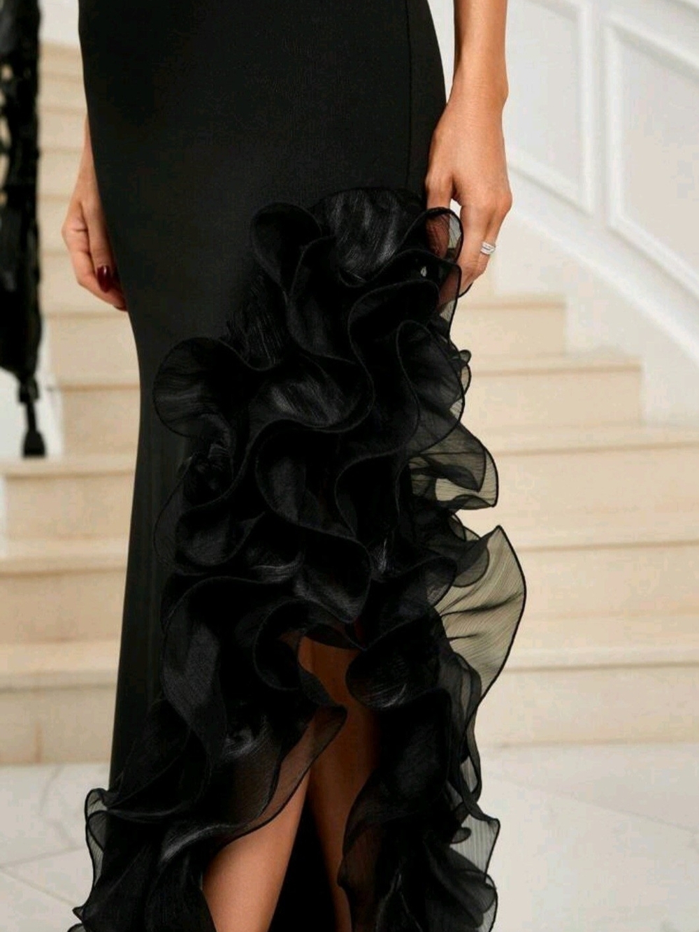Elegant Black Ruffle-Trim Maxi Skirt